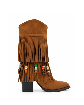 VARIO Hakiki Süet Püsküllü Western Topuklu Çizme Z621 SUEDE ACIK SIGARO