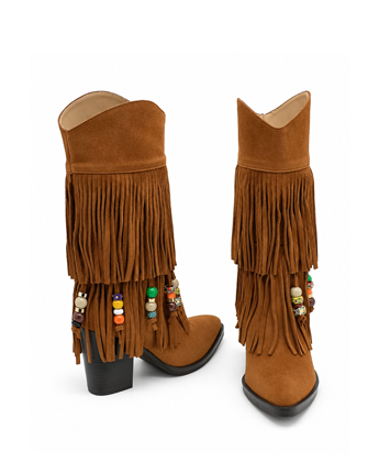 VARIO Hakiki Süet Püsküllü Western Topuklu Çizme Z621 SUEDE ACIK SIGARO