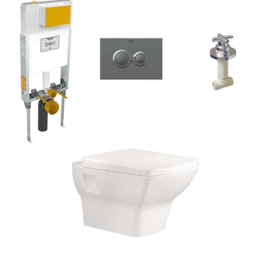 Bien Dor Beyaz Rim Out Asma Klozet+Gömme Rezervuar+Buton+Valf