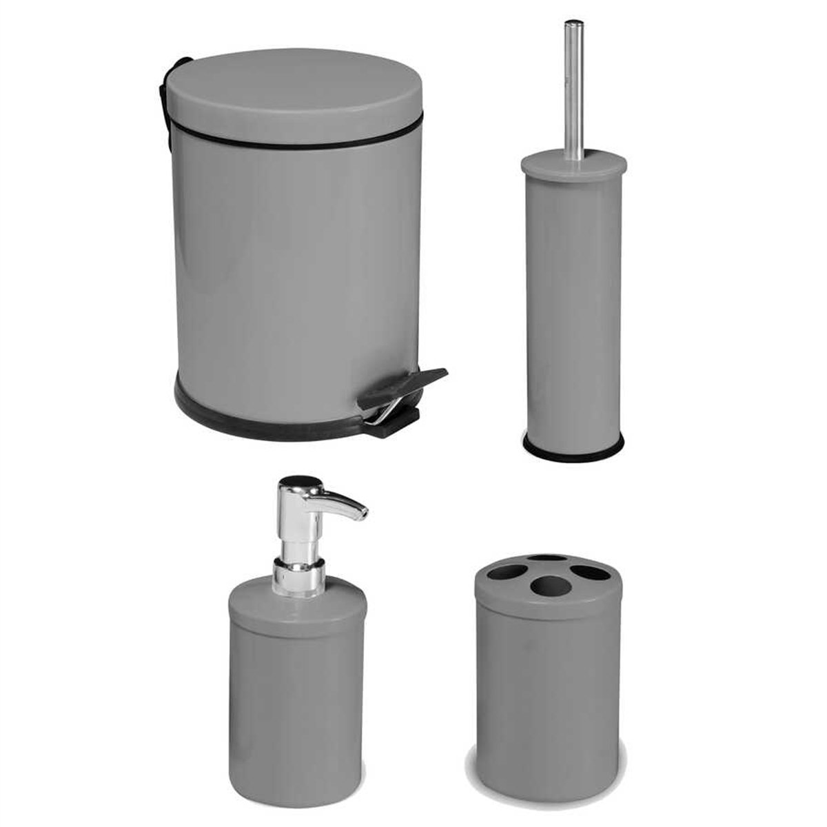 Efor 4 Lü Banyo Seti (5 Litre Çöp Kovası+Wc Fırçalık+Sabunluk+Diş Fırçalık)Gri 476g