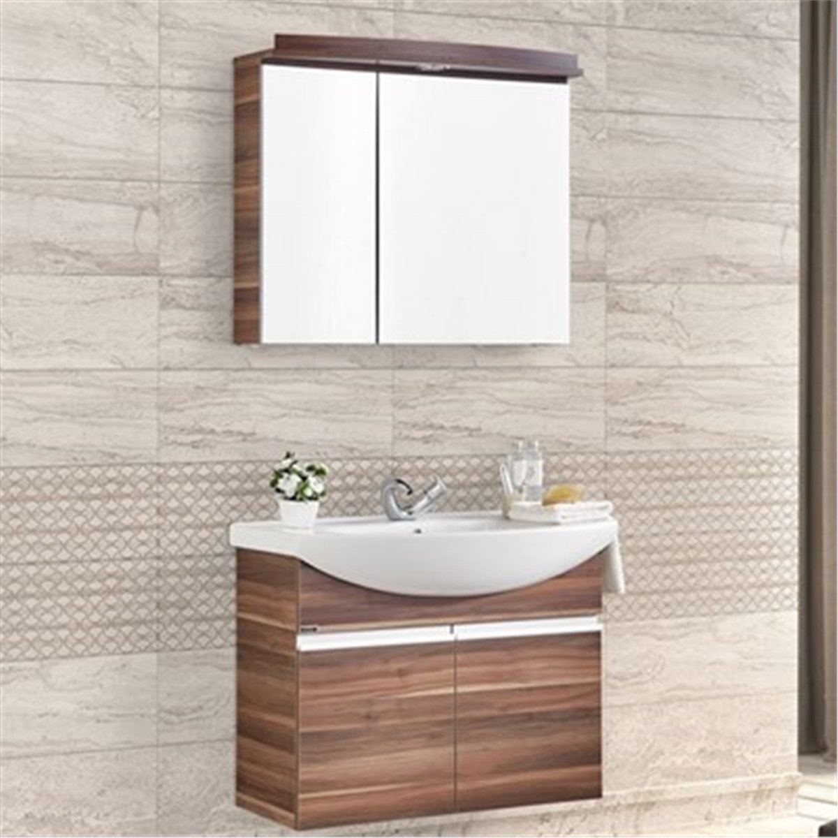 Gold Banyo Asia Ceviz Banyo Dolabı 80 Cm Seramik Lavabo