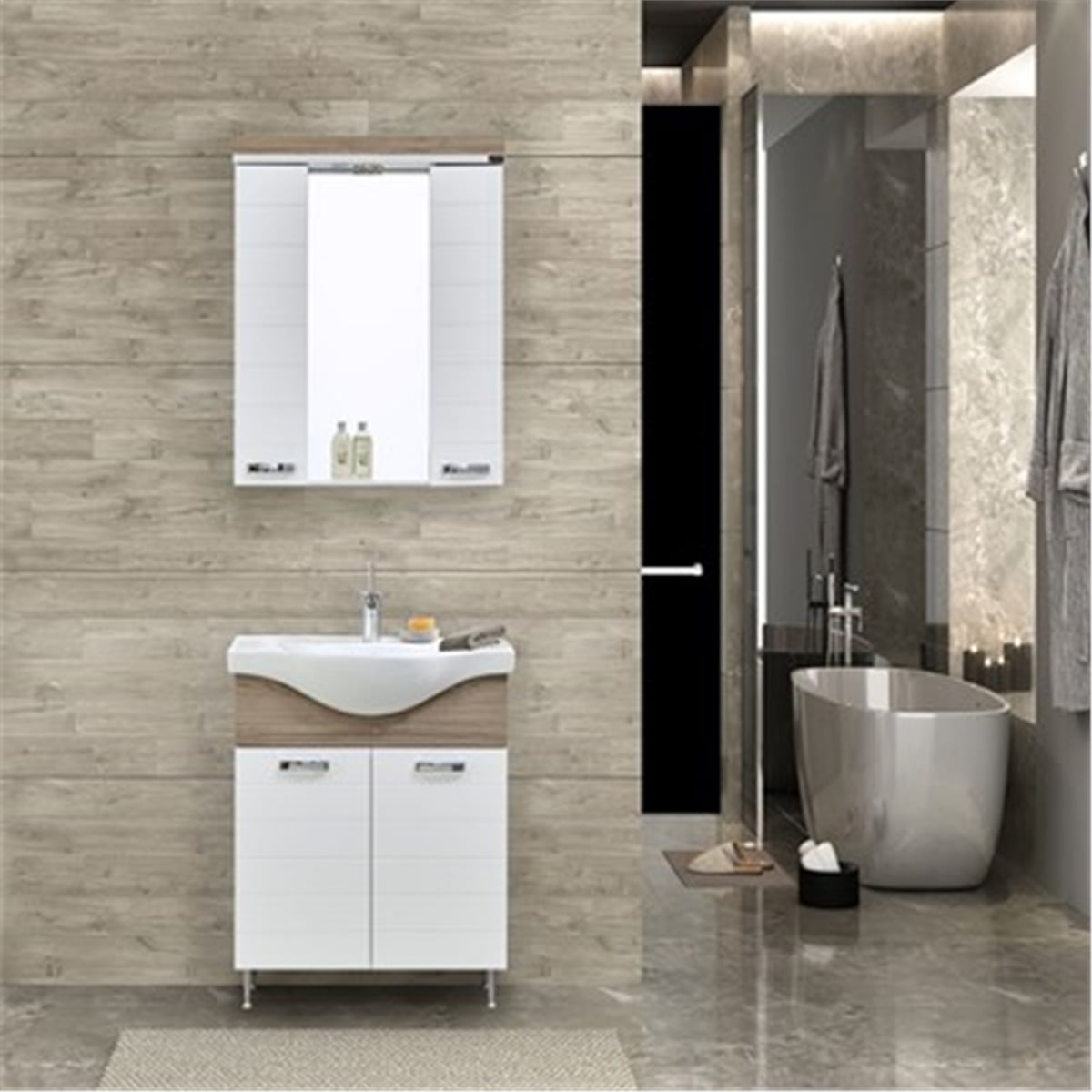 Gold Banyo Deco Beyaz Banyo Dolabı 80 Cm Seramik Lavabo