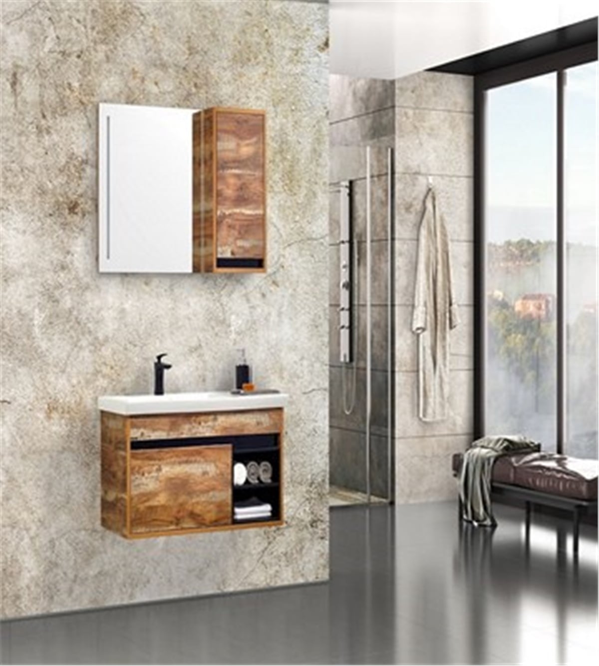 Gold Banyo Legno Banyo Dolabı 100 Cm Seramik Lavabo
