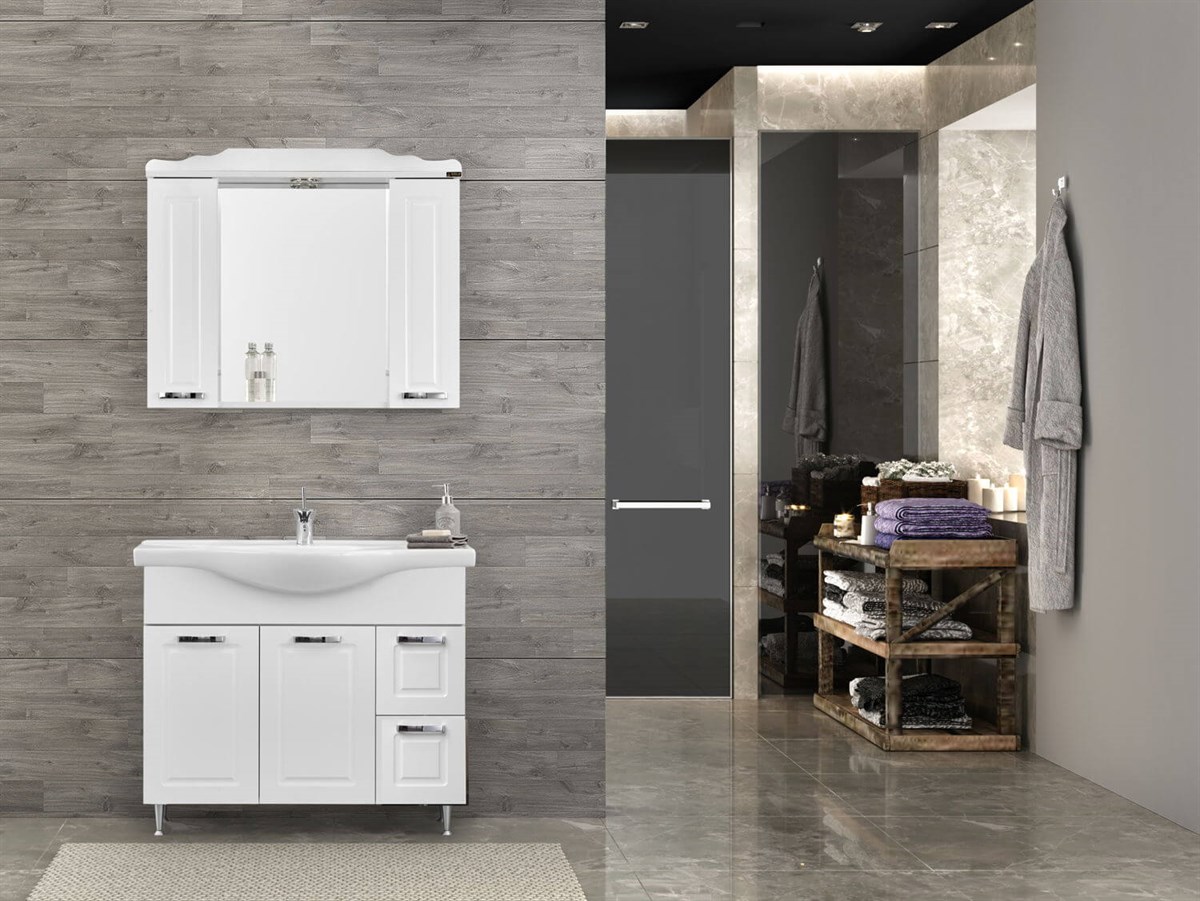 Gold Banyo Rustica Beyaz Banyo Dolabı 100 Cm Seramik Lavabo