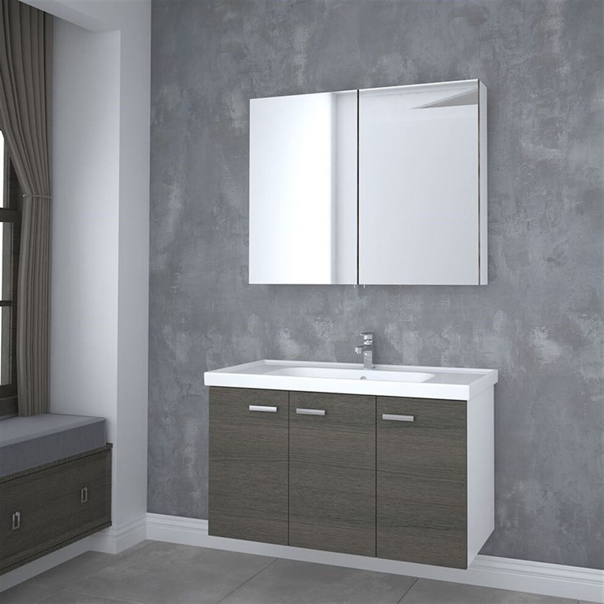 Kare Banyo Terra Antrasit Meşe Banyo Dolabı 100 Cm Seramik Lavabo