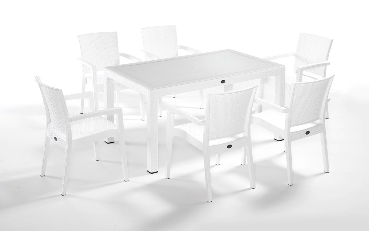 Rattan Camlı Beyaz Masa Takımı 90x150 Cm