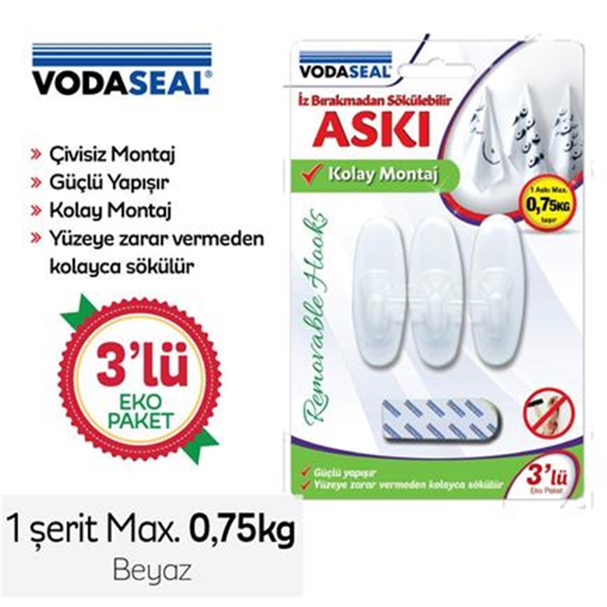 Vodaseal İz Bırakmaz Askı 3'lü Beyaz 0.75kg