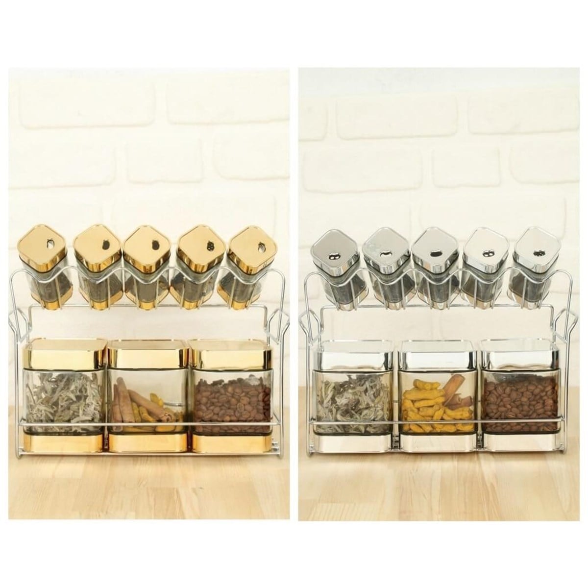 Arow 9 Parça Standlı Gold - Gümüş Cam Baharat Seti TR-1832