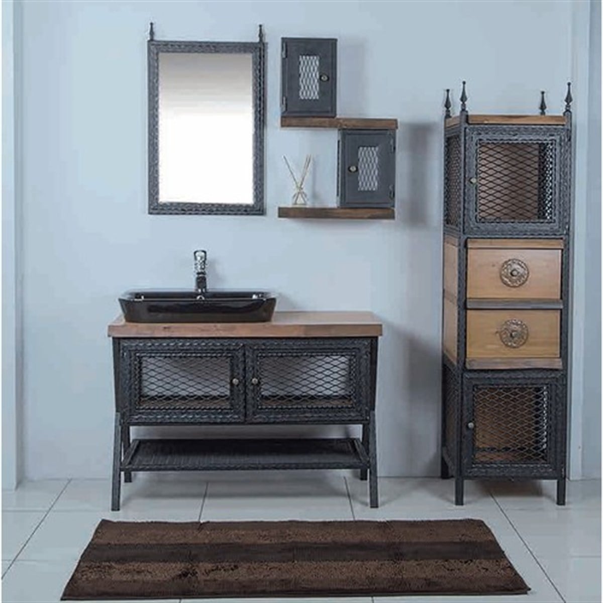 Kare Banyo Hitit Serisi 110 Cm Mdf Banyo Dolabı Takımı + Siyah Seramik Lavabo + Boy Dolabı Ceviz