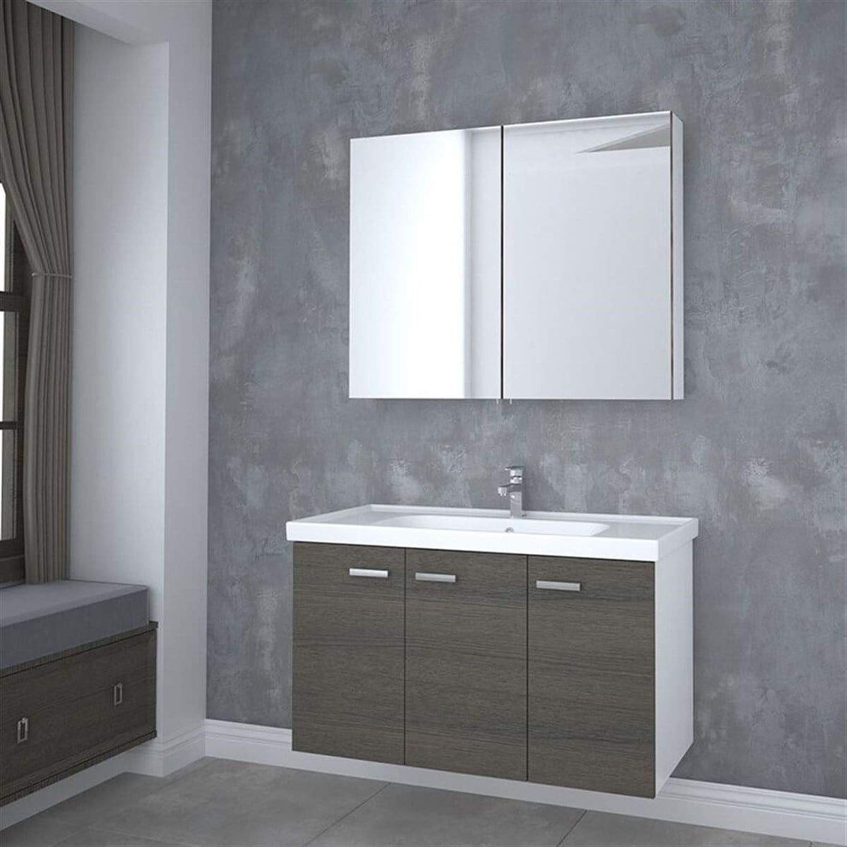 Kare Banyo Terra Antrasit Meşe Banyo Dolabı 100 Cm Seramik Lavabo