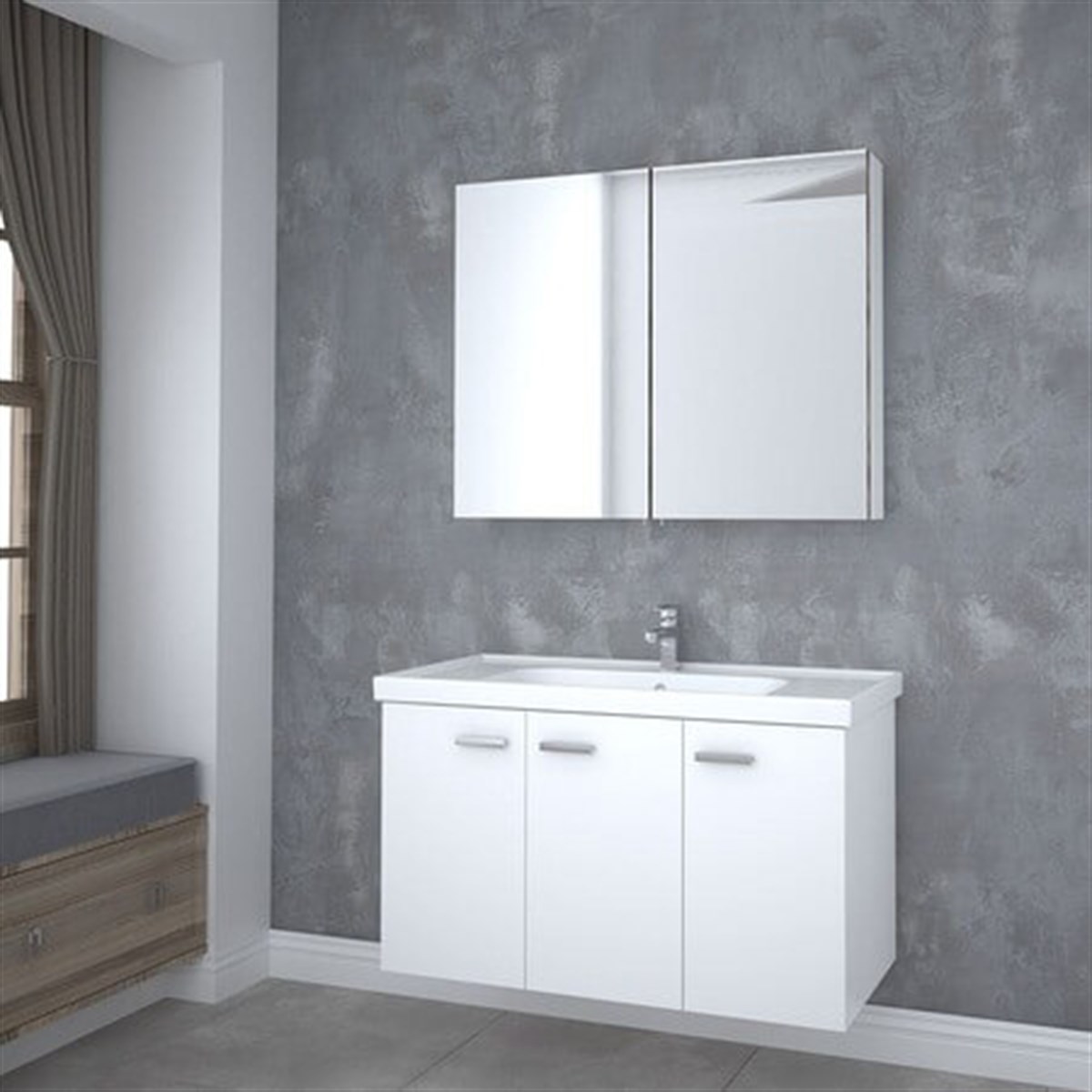 Kare Banyo Terra Beyaz Banyo Dolabı 100 Cm Seramik Lavabo