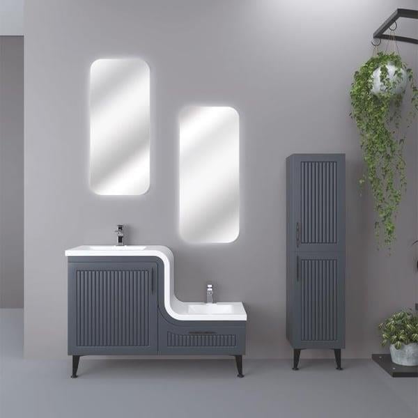 Lotus Abdestlikli Led Aynalı İki Lavabolu Antrasit 115 Cm Banyo Dolabı 