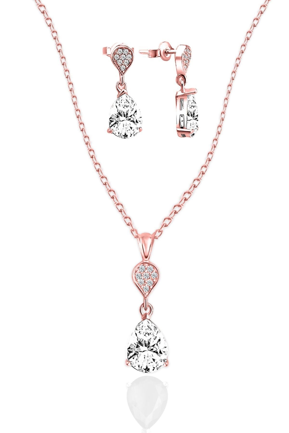 925 Ayar Gümüş  Zirkon Taşlı Pırlanta Montür Damla  Rose İkili Set