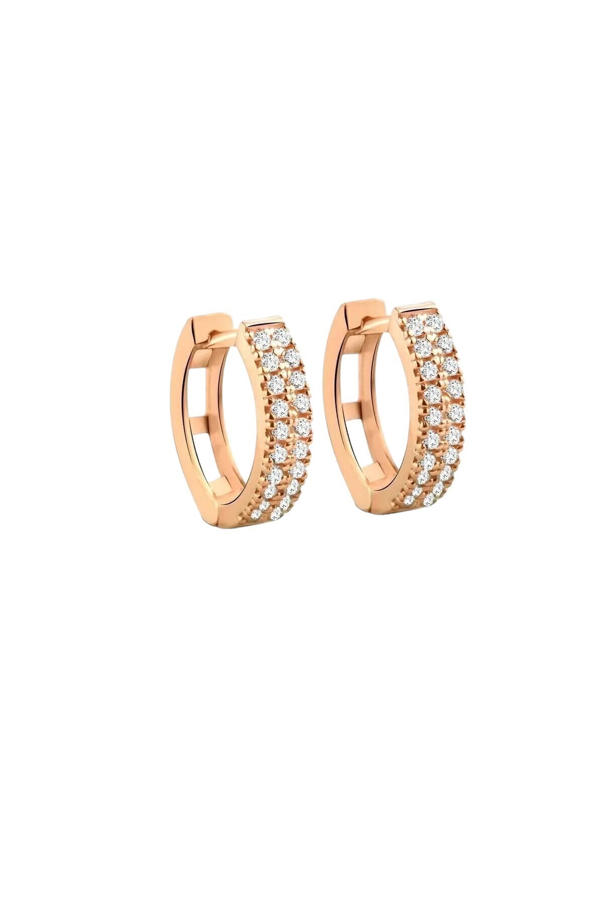 Gümüş 925 Ayar 1,3 Cm Çift Sıra Zirkon Taşlı Halka Rose Küpe