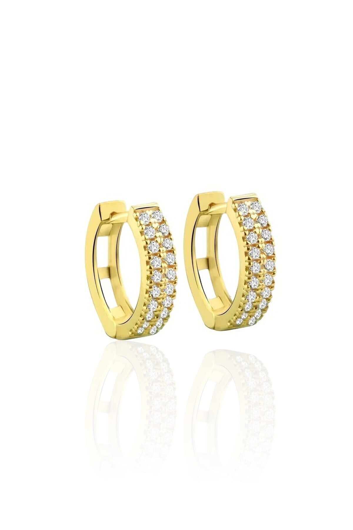 Gümüş 925 Ayar 1,3 Cm Çift Sıra Zirkon Taşlı Halka Gold Küpe