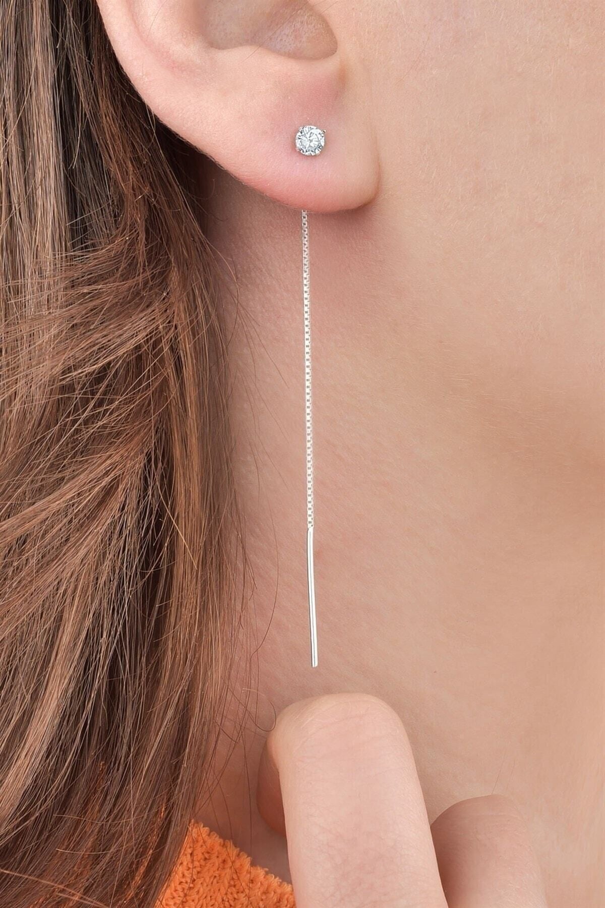 Gümüş 925 Ayar 4 Mm Zirkon Tek Taş Zincir Çiftli Küpe