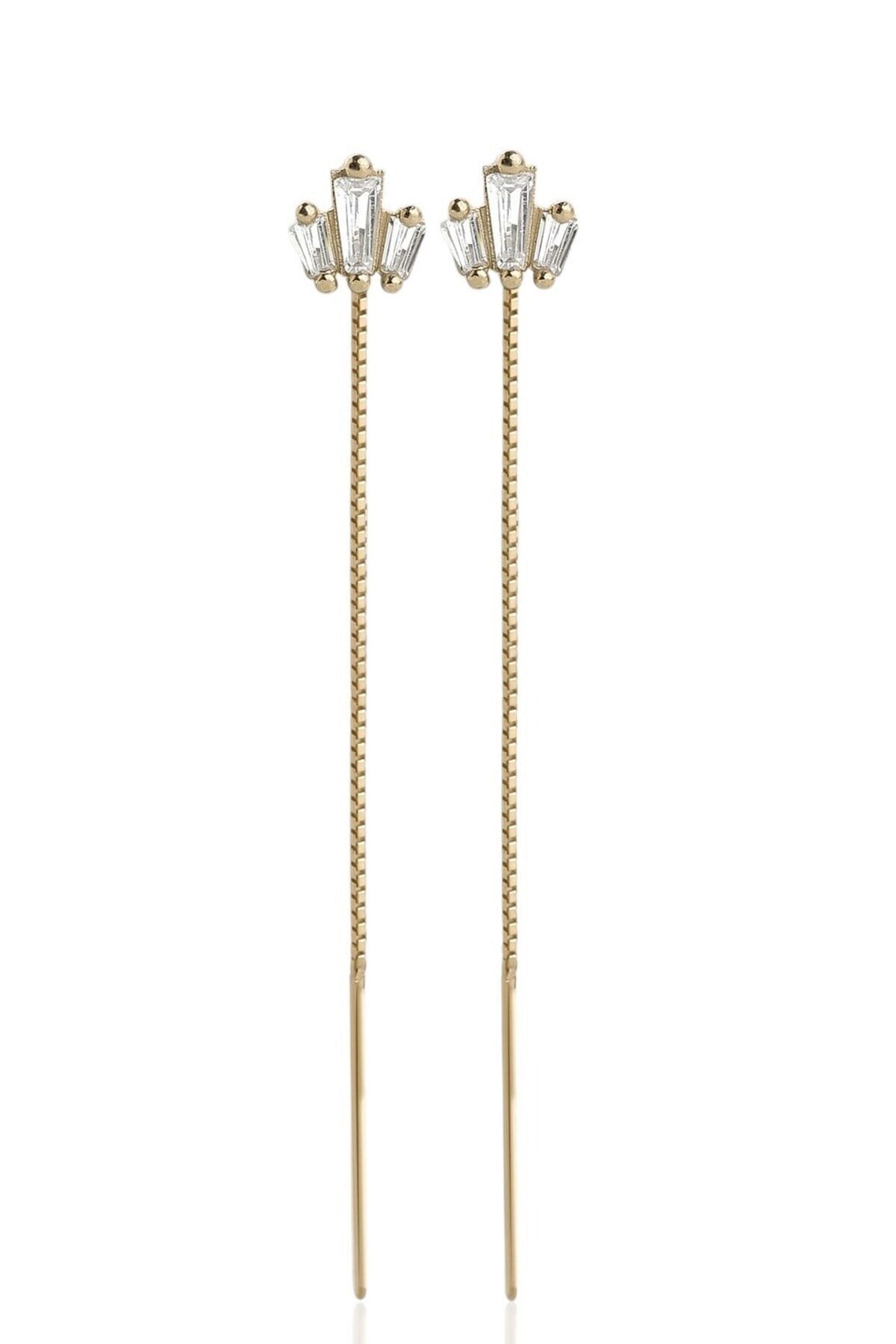 Gümüş 925 Ayar 7 Cm Trapez Zirkon Taşlı Zincirli Gold Küpe