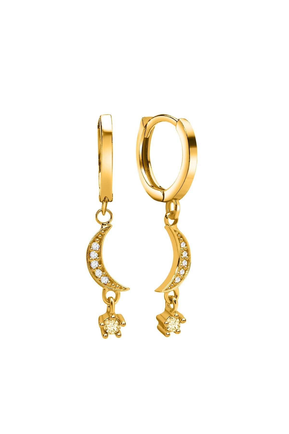 Gümüş 925 Ayar Ay Yıldız Zirkon Taşlı Halkalı Gold Küpe