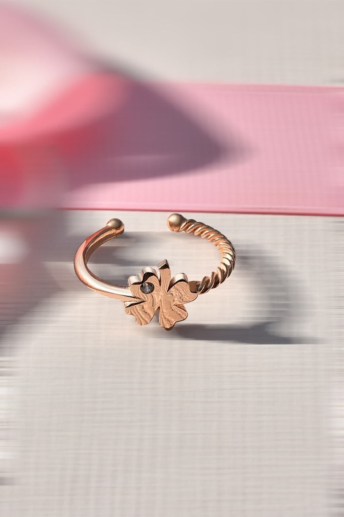 Gümüş 925 Ayar Ayarlanabilir Yonca Model Rose Yüzük