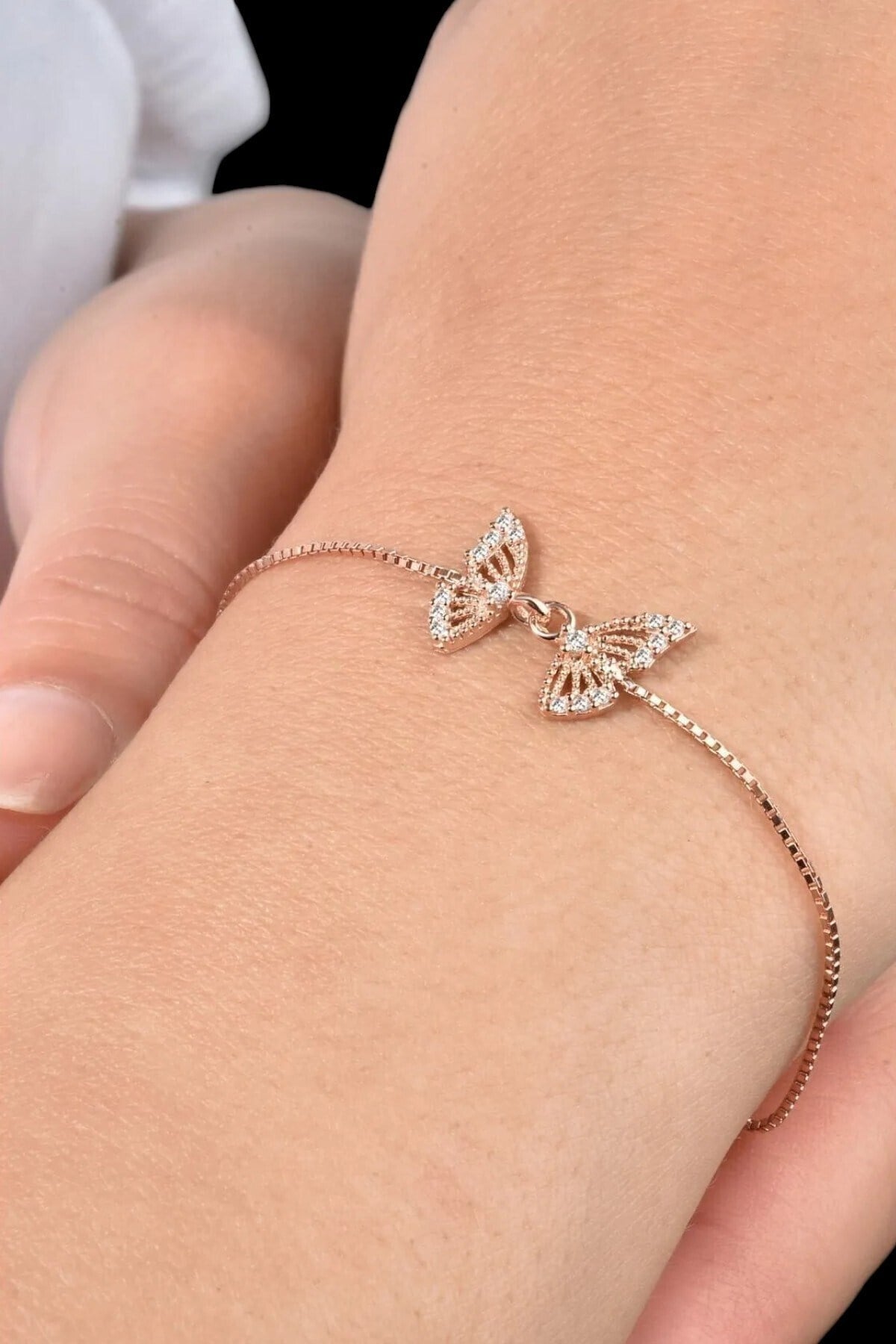 Gümüş 925 Ayar Kelebek Zincirli Zirkon Taşlı Rose Bileklik
