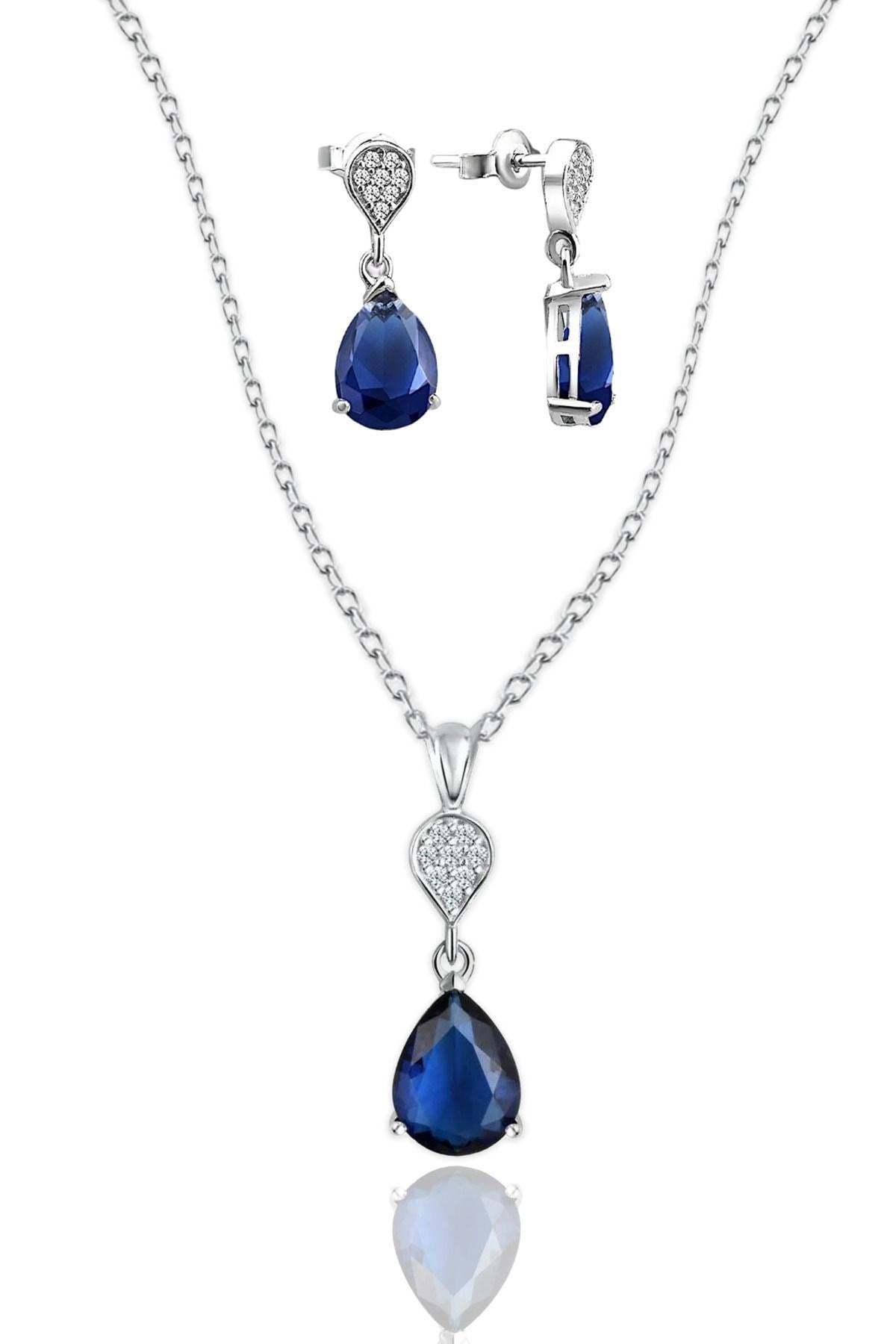 Gümüş 925 Ayar Safir Zirkon Taşlı Pırlanta Montür Damla İkili Set