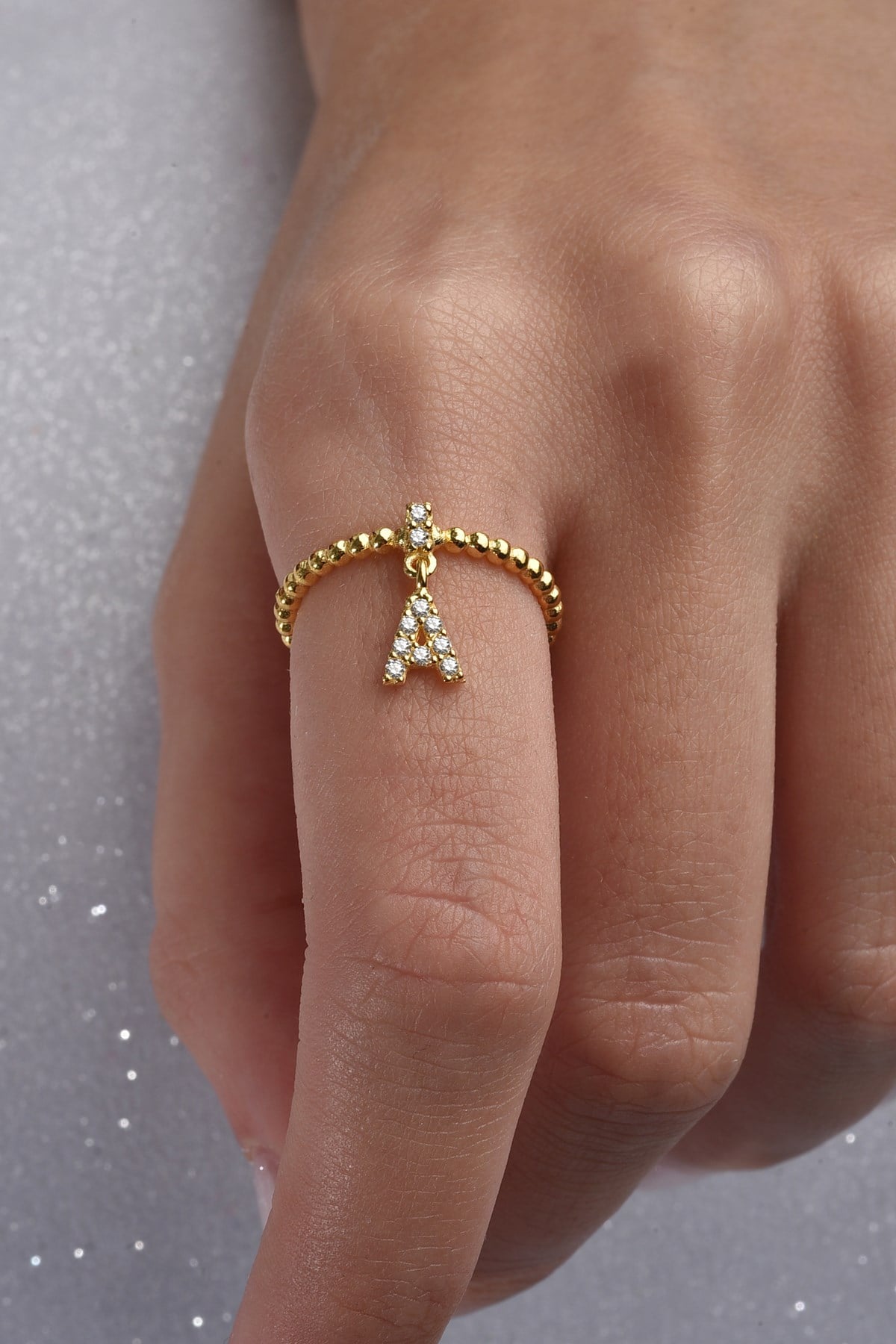 Gümüş 925 Ayar Zirkon Taşlı A Harf Ayarlanabilir Gold Yüzük