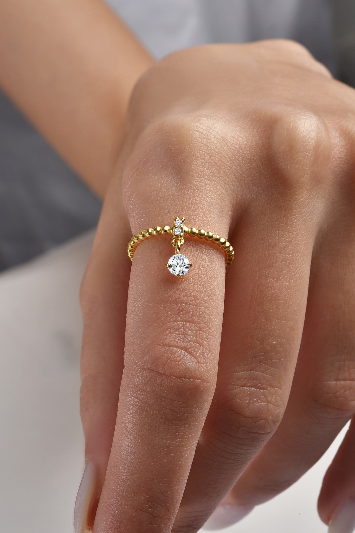 Gümüş 925 Ayar Zirkon Taşlı Ayarlanabilir Gold Yüzük