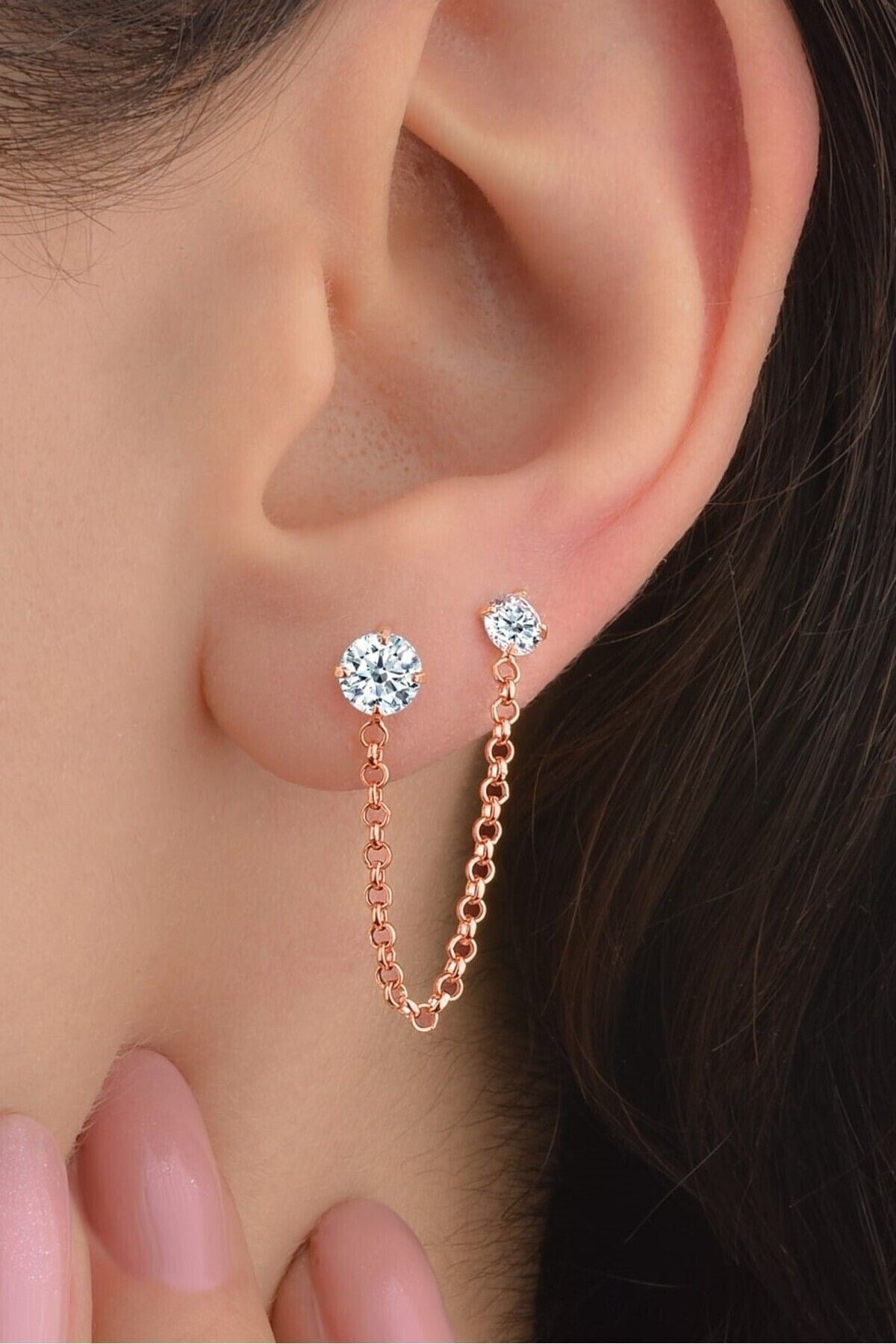 Gümüş 925 Ayar Zirkon Taşlı Doç Model Halka Rose Tekli Küpe