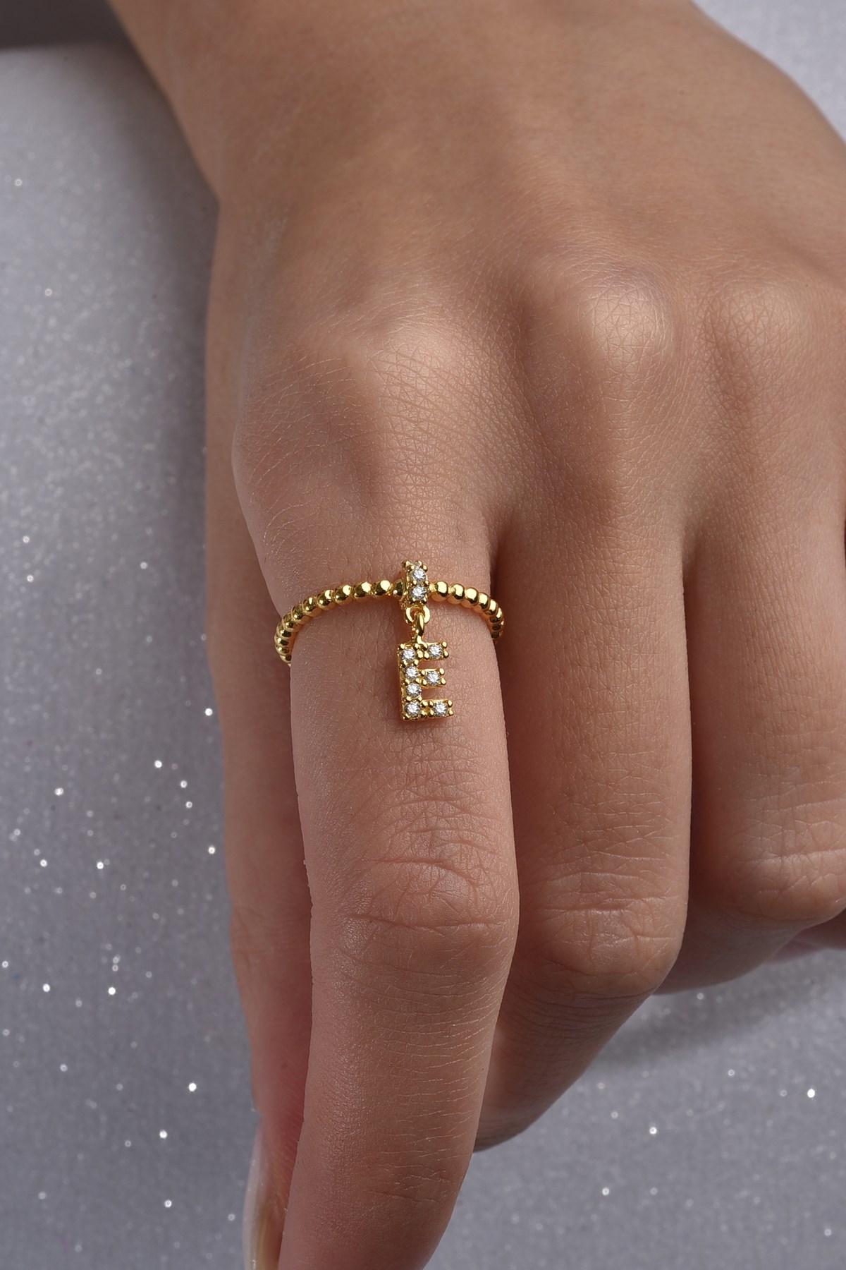 Gümüş 925 Ayar Zirkon Taşlı E Harf Ayarlanabilir Gold Yüzük