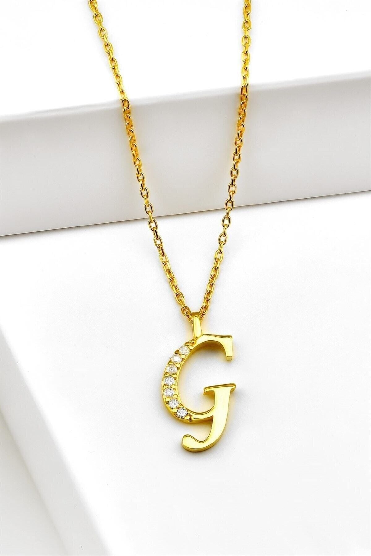 Gümüş 925 Ayar Zirkon Taşlı Gold Harf Kolye G