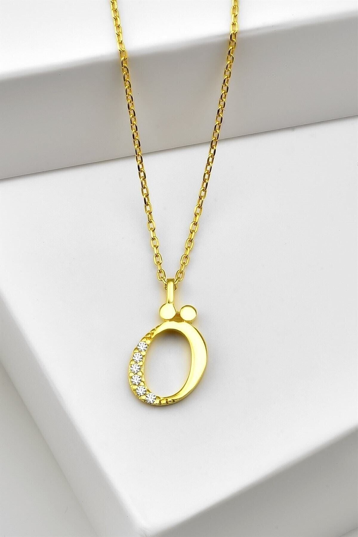 Gümüş 925 Ayar Zirkon Taşlı Gold Harf Kolye Ö