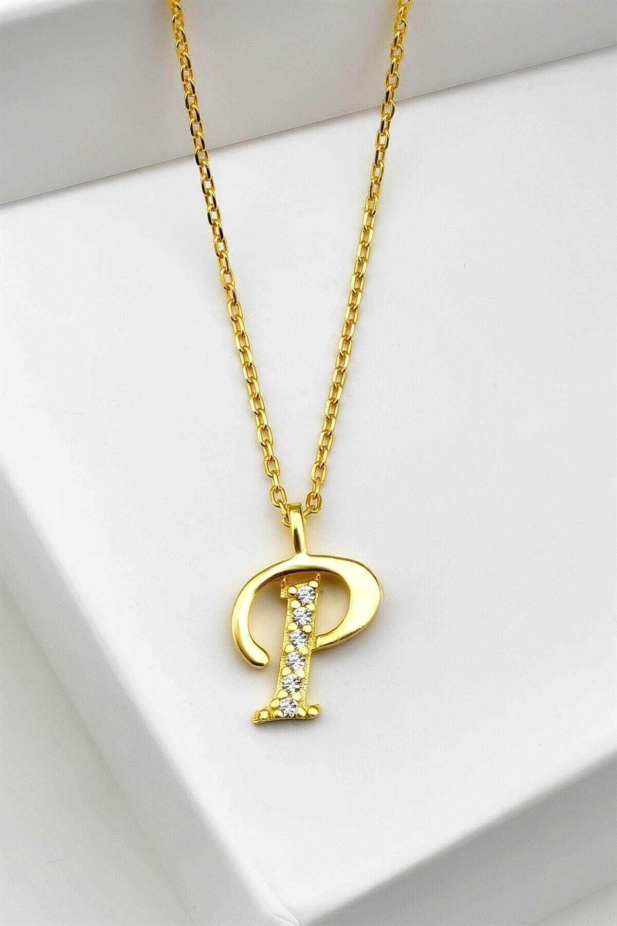 Gümüş 925 Ayar Zirkon Taşlı Gold Harf Kolye P
