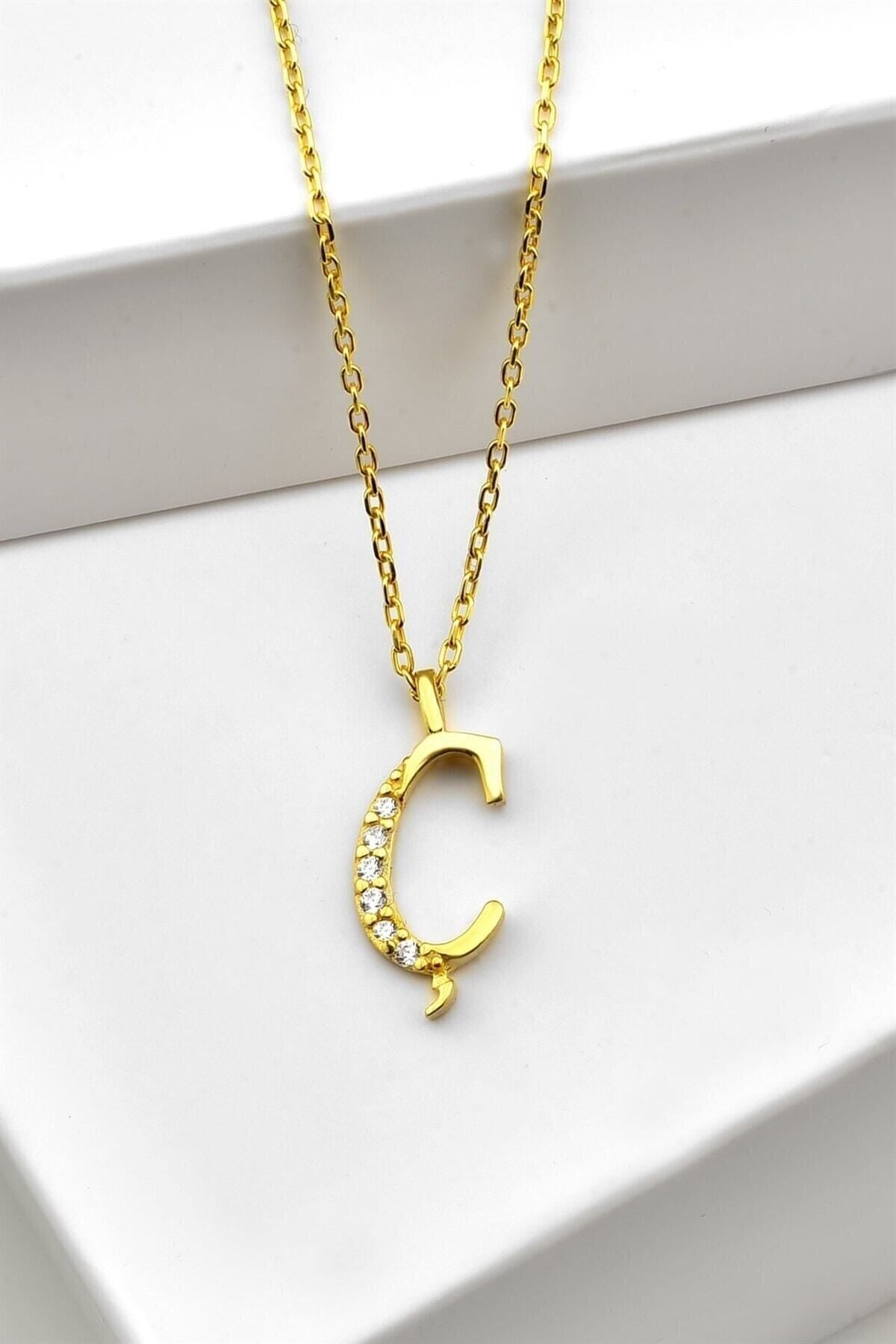 Gümüş 925 Ayar Zirkon Taşlı Gold Harf Kolye Ç