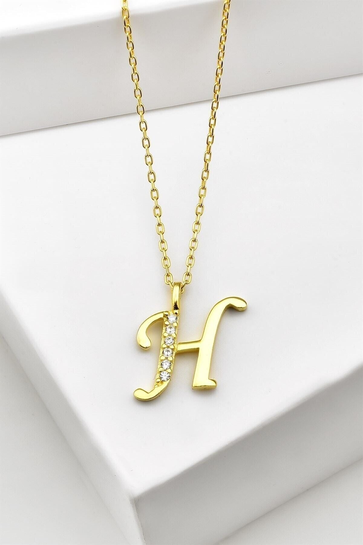 Gümüş 925 Ayar Zirkon Taşlı Gold Harf Kolye H