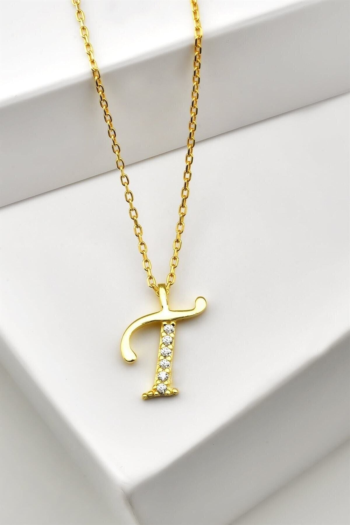 Gümüş 925 Ayar Zirkon Taşlı Gold Harf Kolye T