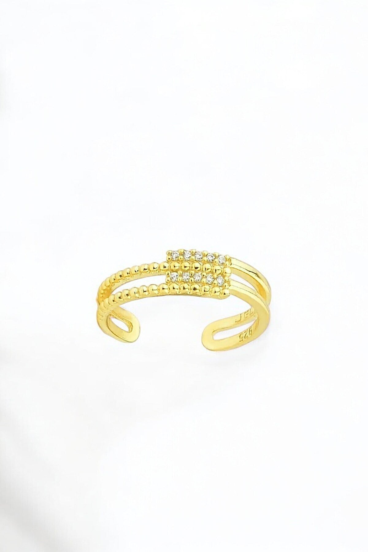 Gümüş 925 Ayar Zirkon Taşlı Iki Sıra Ayarlanabilir Gold Yüzük