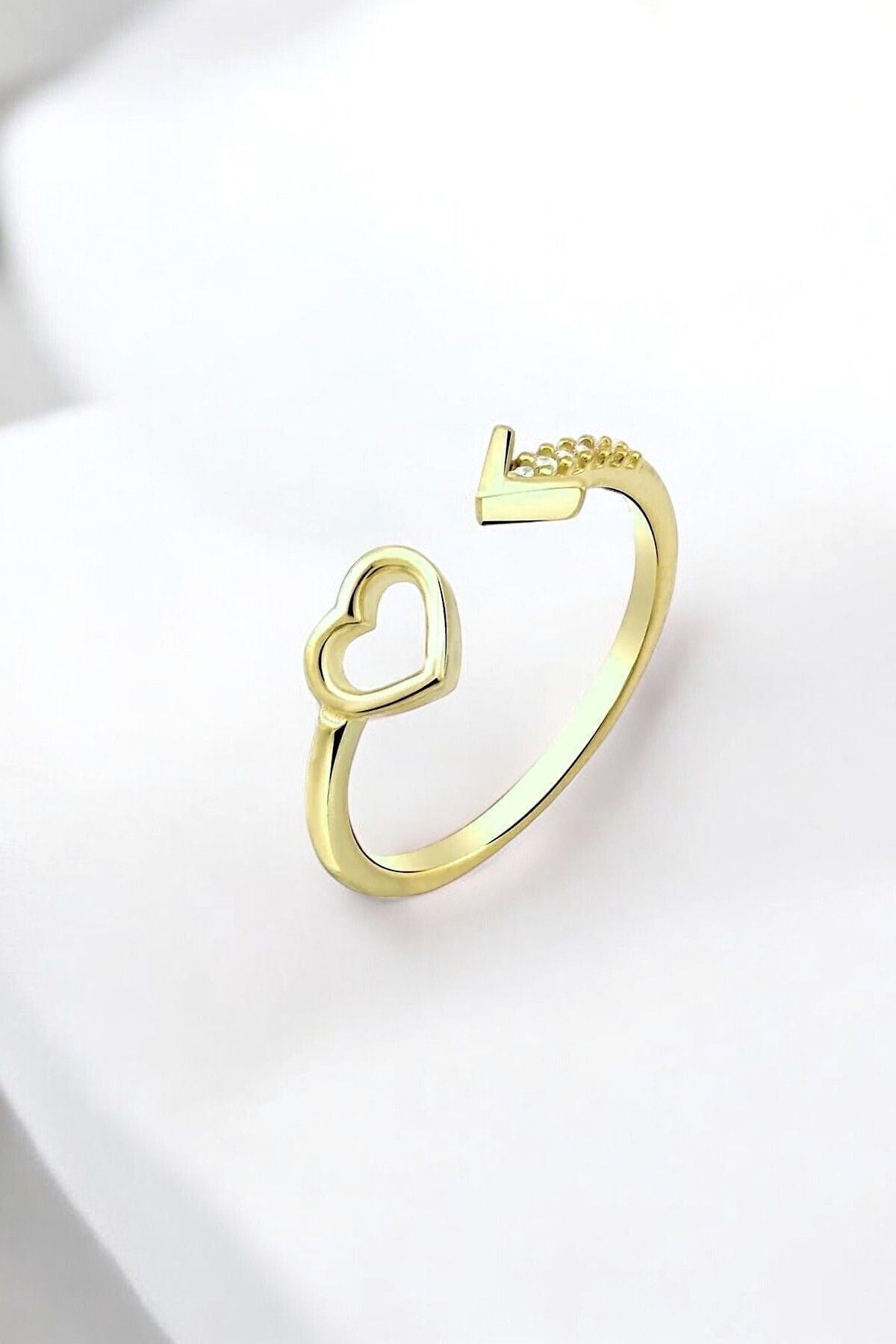 Gümüş 925 Ayar Zirkon Taşlı Kalbim Seni Seçti Model Gold Ayarlanabilir Yüzük