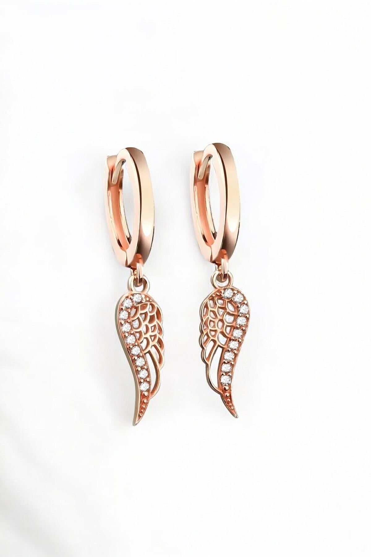 Gümüş 925 Ayar Zirkon Taşlı Melek Kanadı Model Sallantılı Rose Küpe