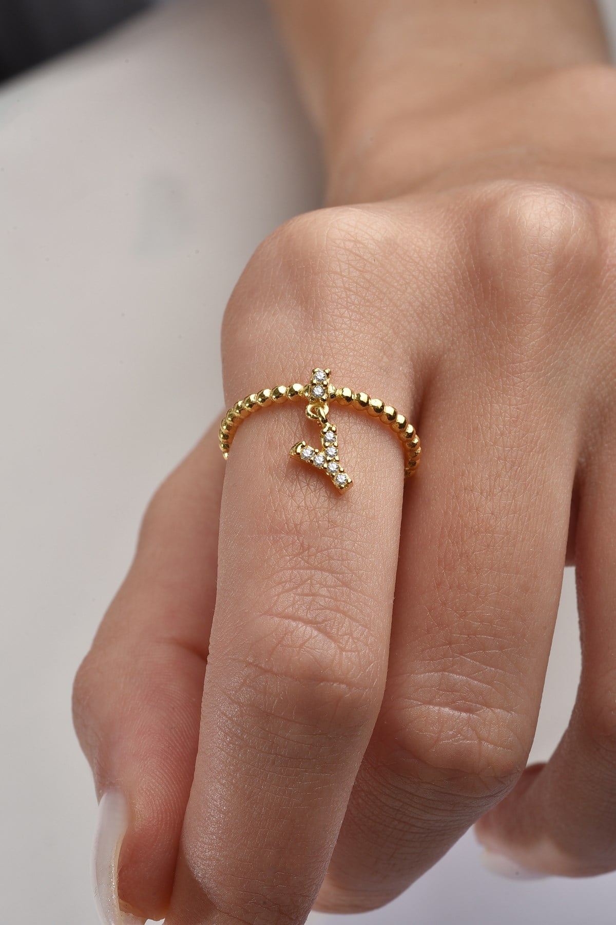 Gümüş 925 Ayar Zirkon Taşlı Y Harf Ayarlanabilir Gold Yüzük