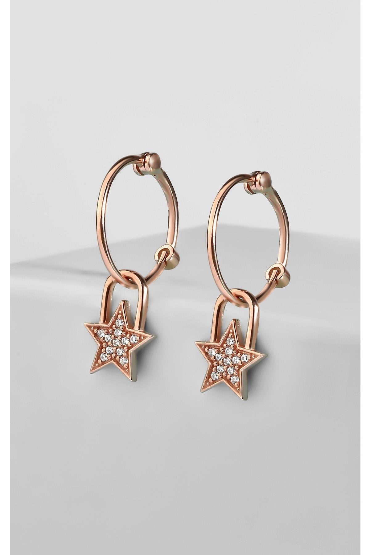 925 Ayar Gümüş 1.6 Cm Zirkon Taşlı Sallantılı Yıldız Model Rose Renkli Zarif Küpe
