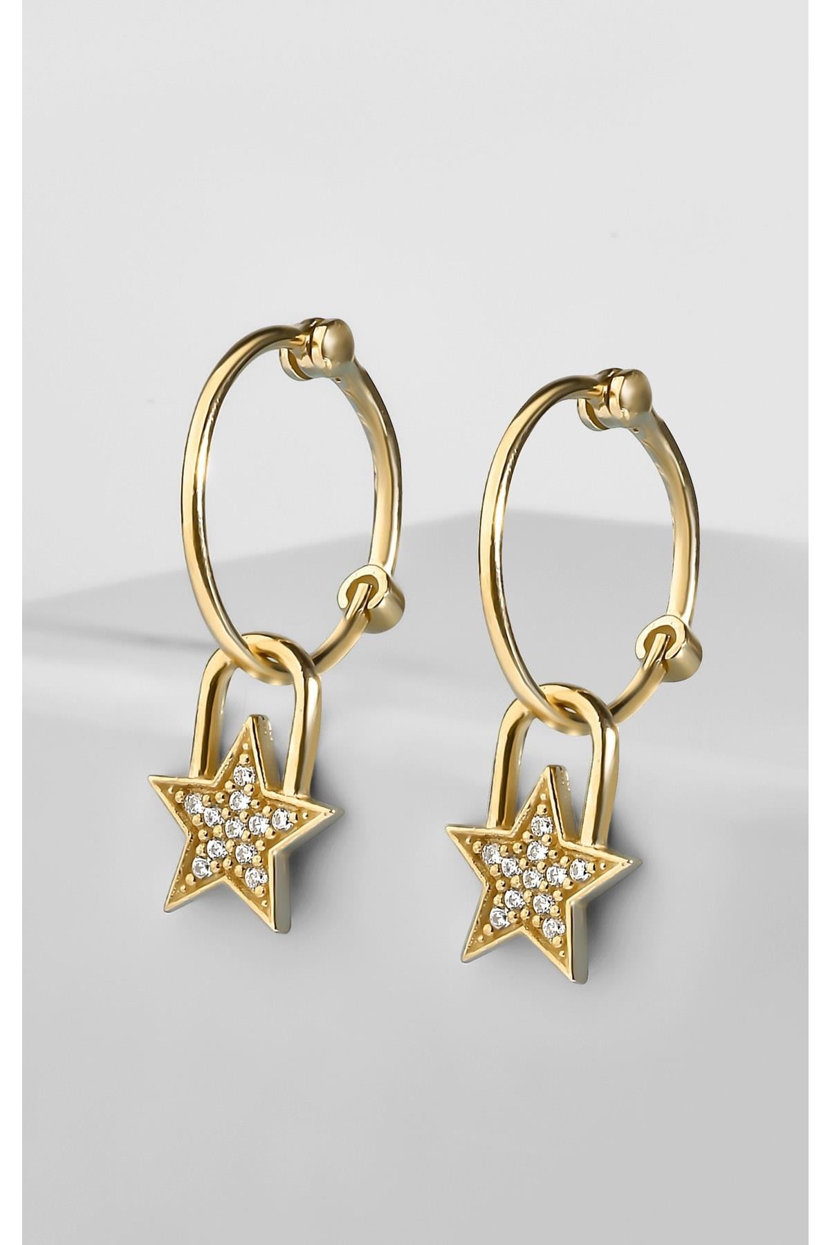 925 Ayar Gümüş 1.6 Cm Zirkon Taşlı Sallantılı Yıldız Model Gold Renkli Zarif Küpe