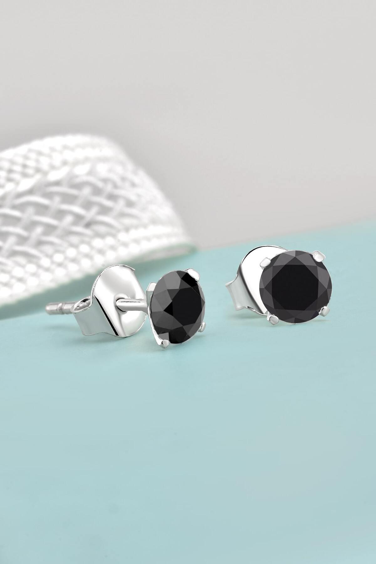 925 Ayar Gümüş 4 mm Tek Zirkon Siyah Taşlı Çivili Rose Küpe
