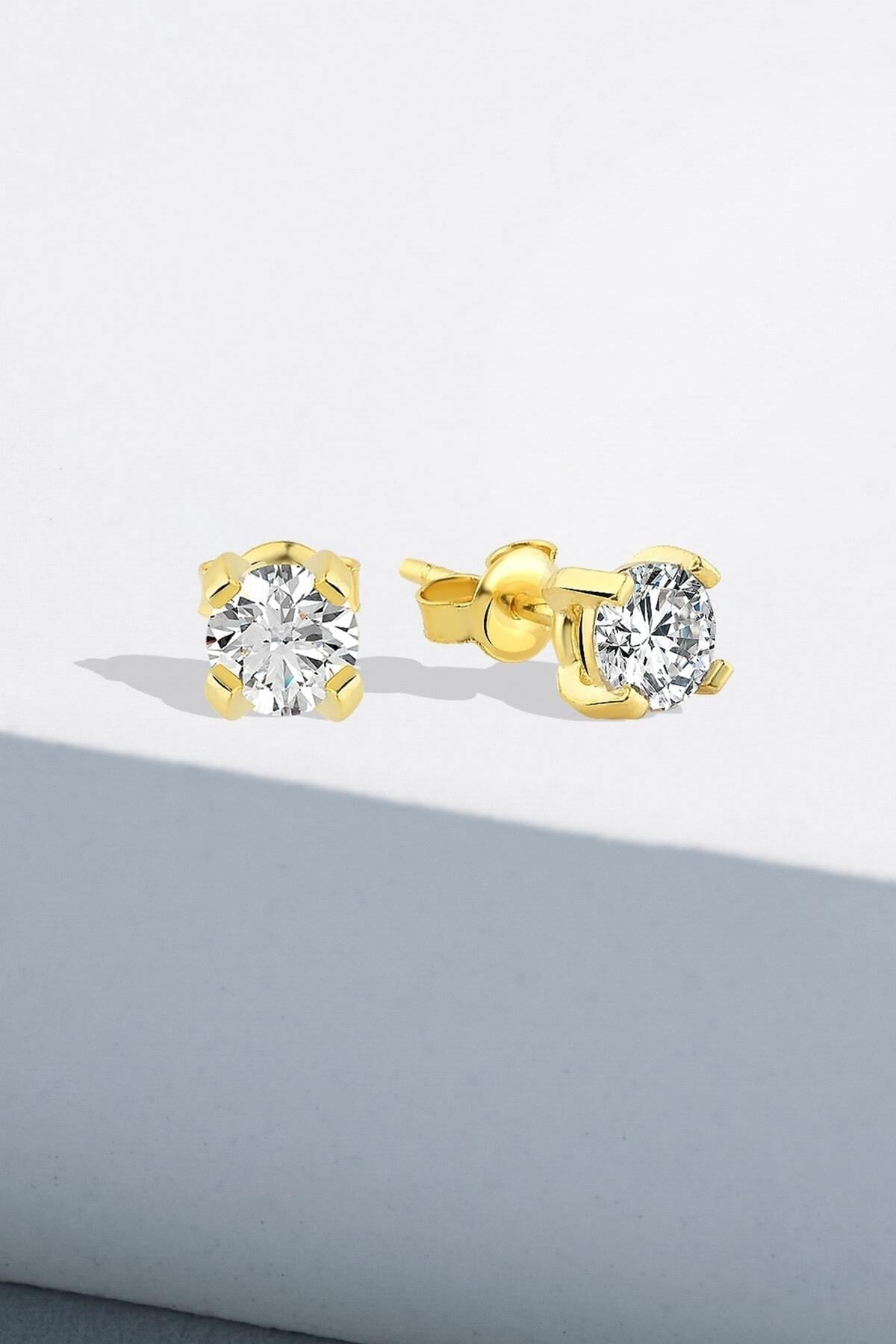 925 Ayar Gümüş Zirkon 5,0 Mm Özel Tasarım Tek Taş Pırlanta Montür Gold Küpe