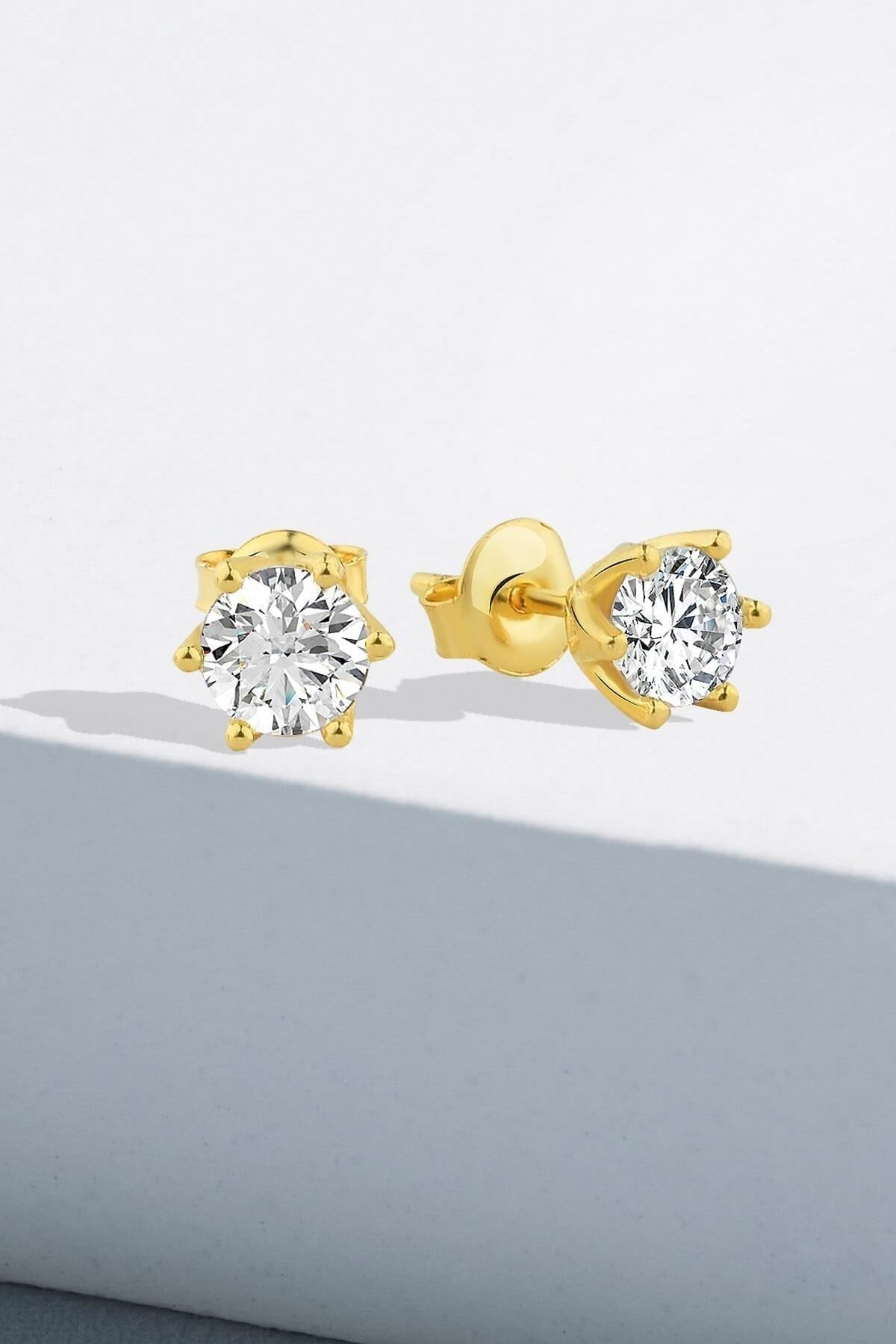 925 Ayar Gümüş Zirkon 5,0 Mm Özel Tasarım V Tel Tırnak Tek Taş Pırlanta Montür Gold Küpe