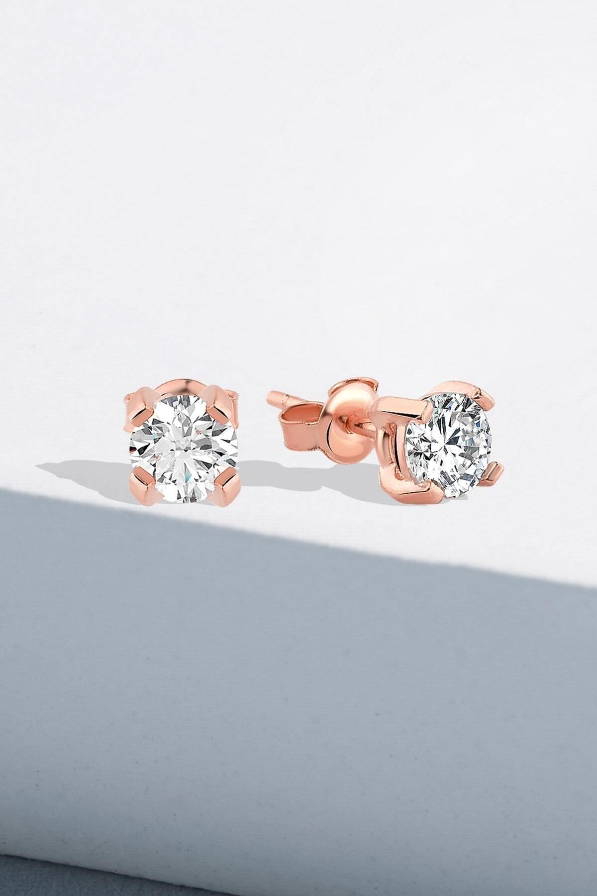 925 Ayar Gümüş Zirkon 5,0 Mm Özel Tasarım Tek Taş Pırlanta Montür Rose Küpe