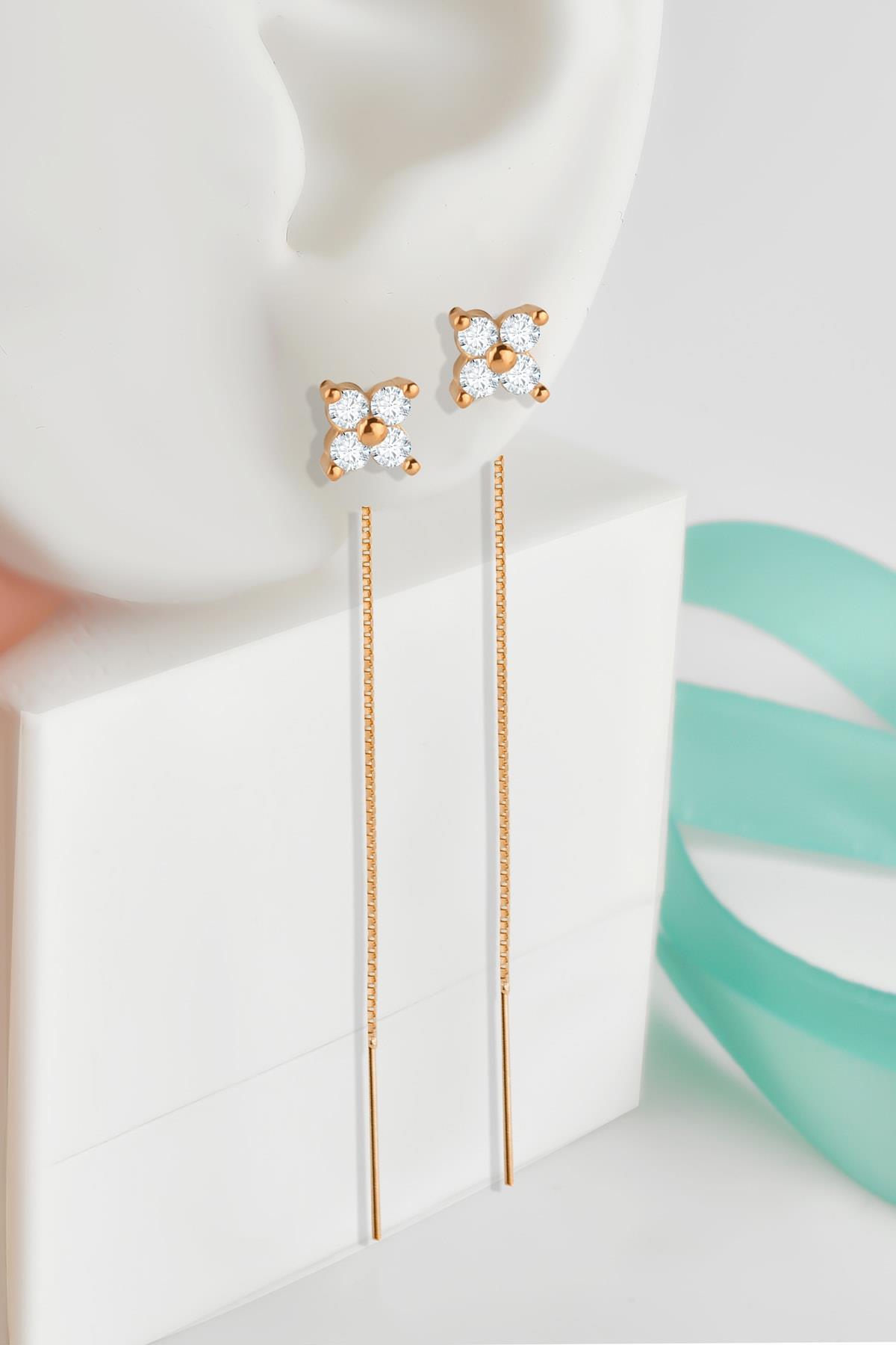 925 Ayar Gümüş Zirkon Taşl Gold Zincirli Yonca Küpe