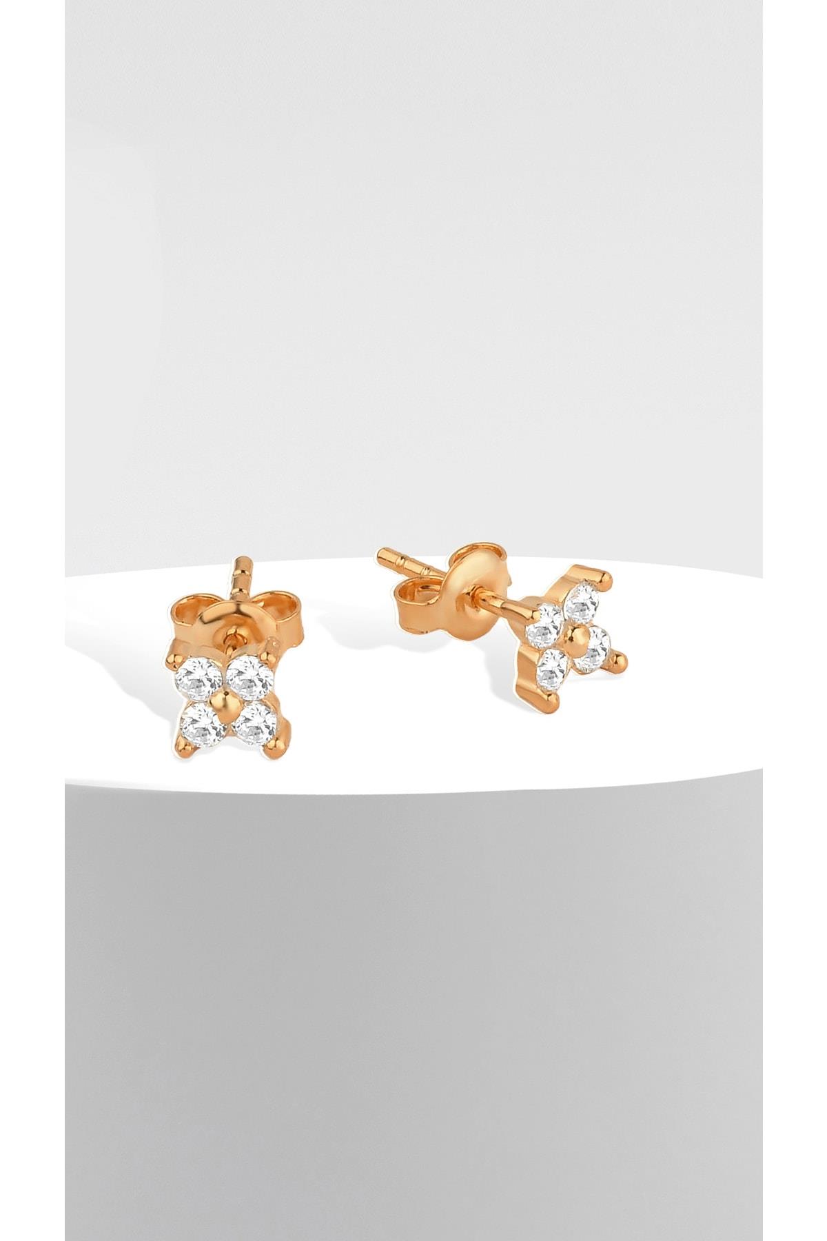 925 Ayar Gümüş Zirkon Taşlı Mini Gold Yonca Küpe