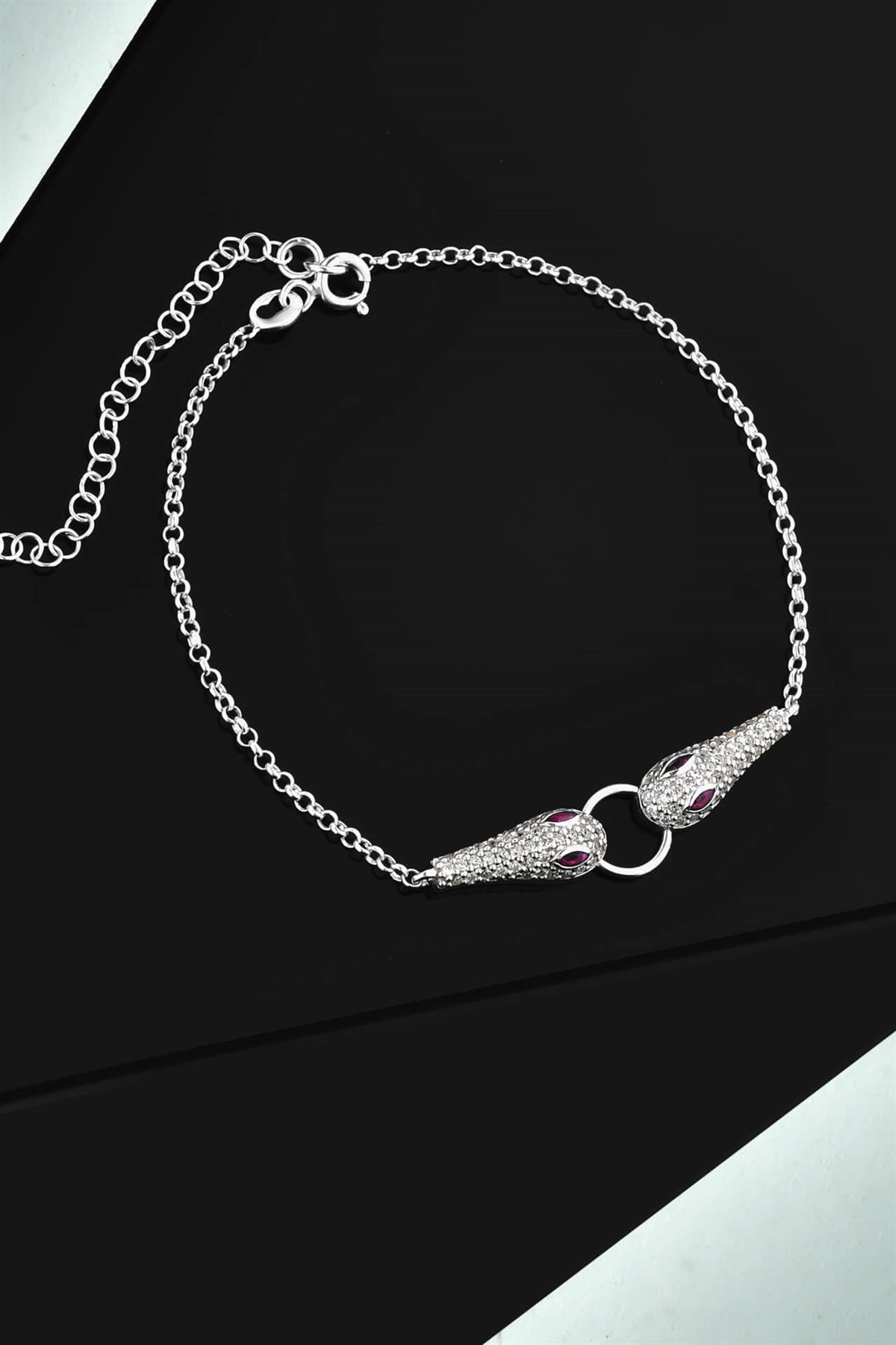 Çift Başlı Yakut Gözlü Gümüş Şans Bilekliği