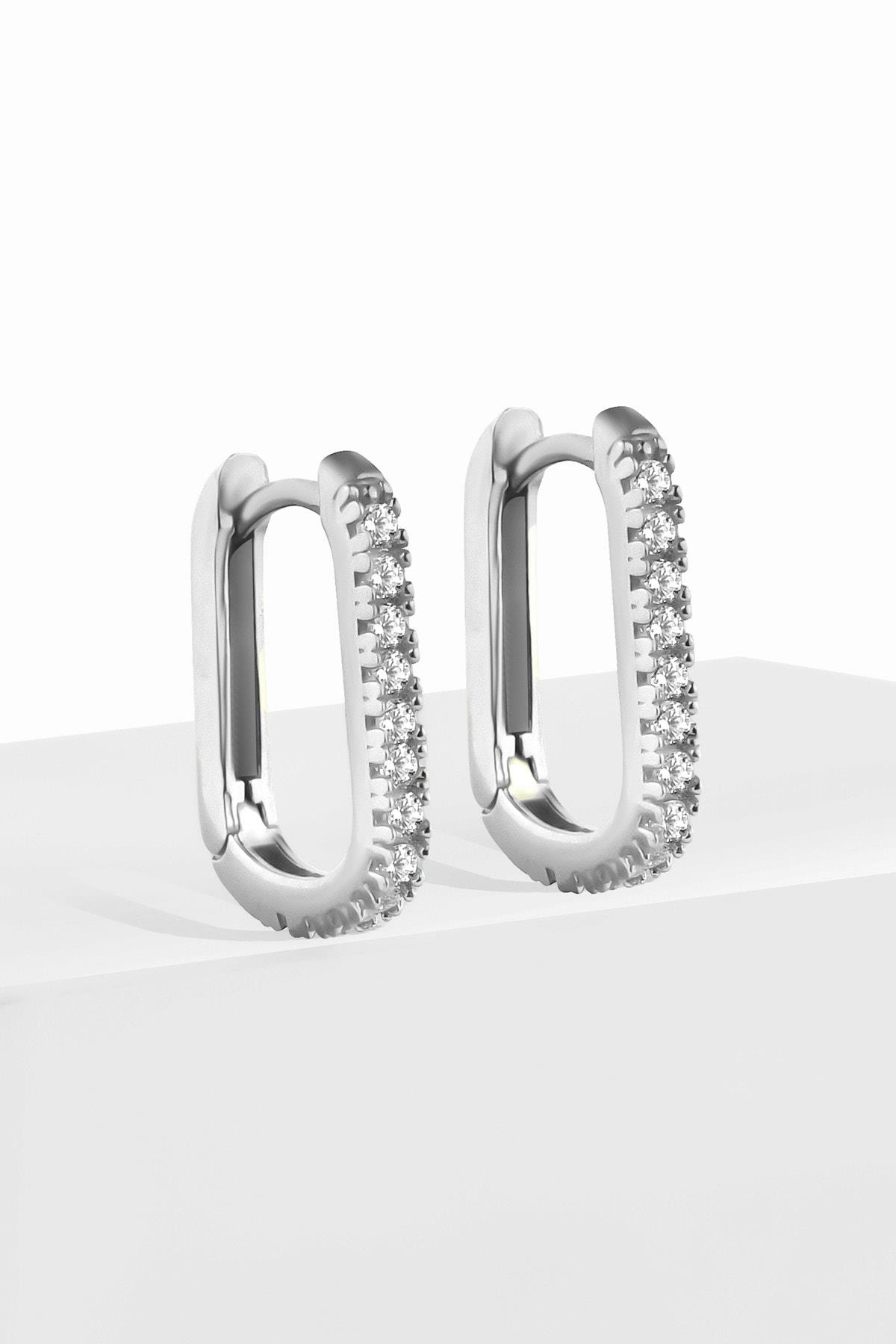 Gümüş 1.7 cm Zirkon Taşlı U Model Gold Küpe