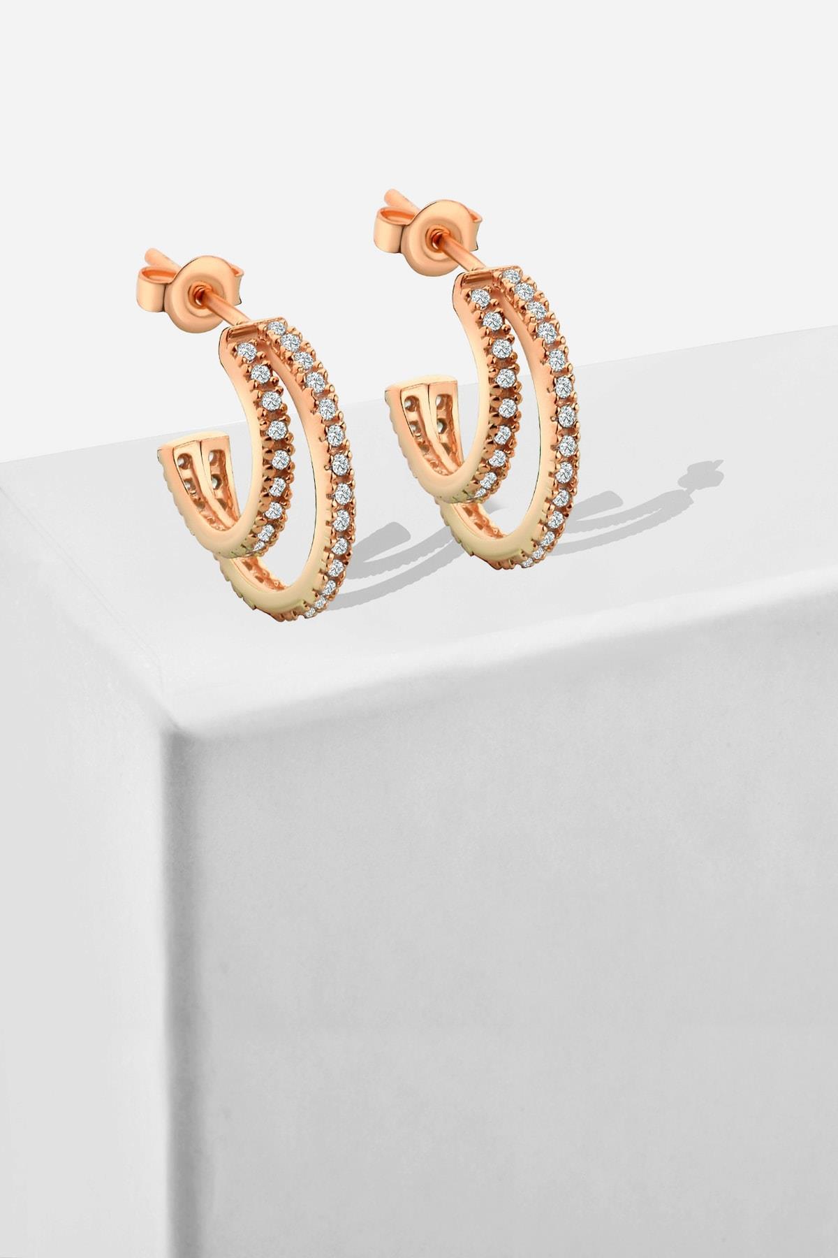 Gümüş 1.5 cm çift halka zirkon taşlı gold küpe